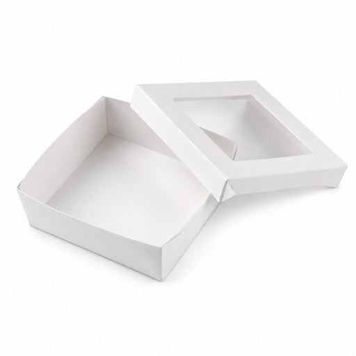 Boite "Kray" carrée carton blanc avec couvercle à fenêtre en PLA  135x135mm H50mm 700ml - 250Pcs