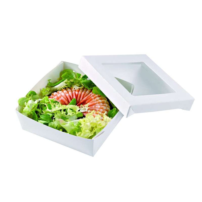 Boite "Kray" carrée carton blanc avec couvercle à fenêtre en PLA  155x155mm H50mm 900ml - 250Pcs
