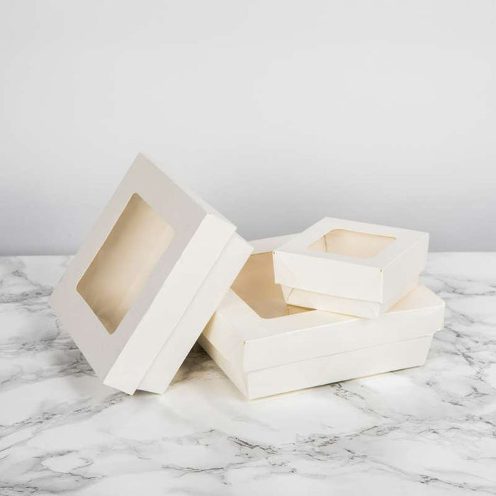 Boite "Kray" carrée carton blanc avec couvercle à fenêtre  205x205mm H40mm 1450ml - 200Pcs