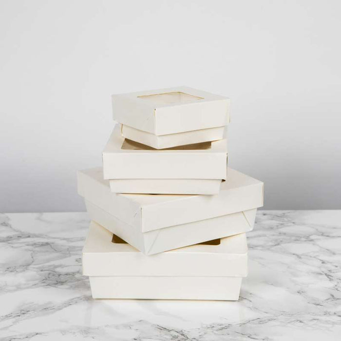 Boite "Kray" carrée carton blanc avec couvercle à fenêtre  205x205mm H40mm 1450ml - 200Pcs