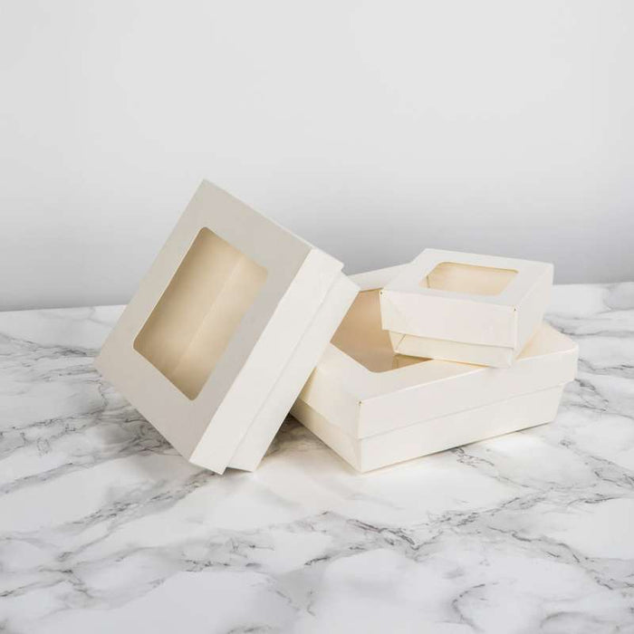 Boite "Kray" carrée carton blanc avec couvercle à fenêtre  205x205mm H40mm 1450ml - 200Pcs