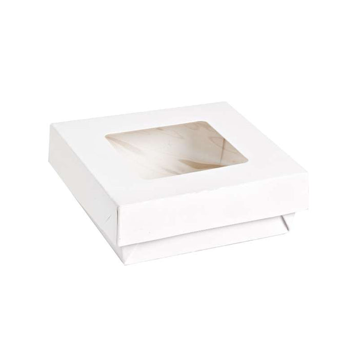 Boite "Kray" carrée carton blanc avec couvercle à fenêtre  135x135mm H50mm 700ml - 250Pcs