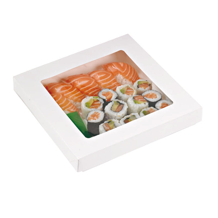 Boite "Kray" carrée carton blanc avec couvercle à fenêtre  205x205mm H40mm 1450ml - 200Pcs