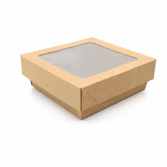 Boîte "Kray" carrée carton brun avec couvercle à fenêtre 115x115mm H50mm 350ml - 100Pcs