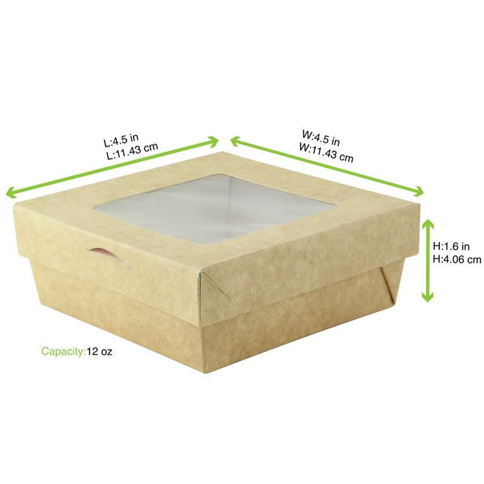 Boîte "Kray" carrée carton brun avec couvercle à fenêtre 115x115mm H50mm 350ml - 100Pcs