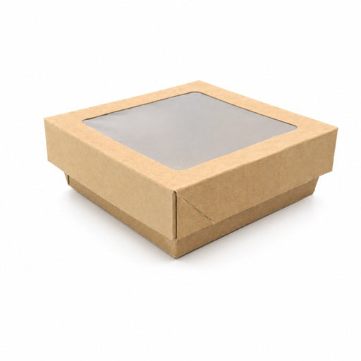 Boîte "Kray" carrée carton brun avec couvercle à fenêtre 115x115mm H50mm 350ml - 100Pcs