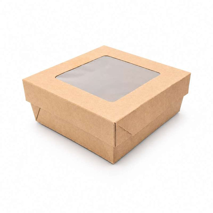 Boite "Kray" carrée carton brun avec couvercle à fenêtre  135x135mm H50mm - 100Pcs