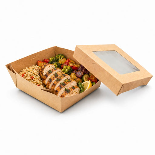 Boite "Kray" carrée carton brun avec couvercle à fenêtre  135x135mm H50mm - 100Pcs
