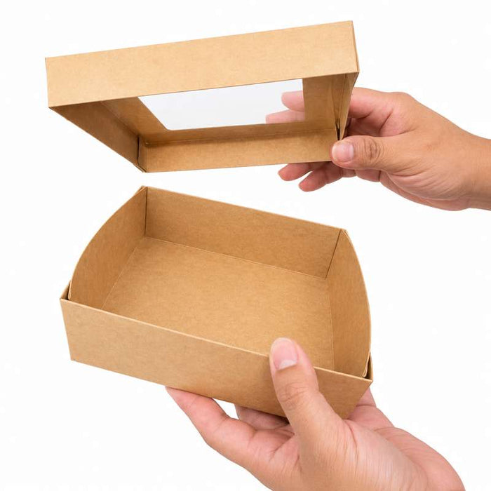 Boite "Kray" carrée carton brun avec couvercle à fenêtre  155x155mm H50mm 700ml - 100Pcs