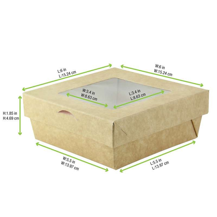 Boite "Kray" carrée carton brun avec couvercle à fenêtre  155x155mm H50mm 700ml - 100Pcs