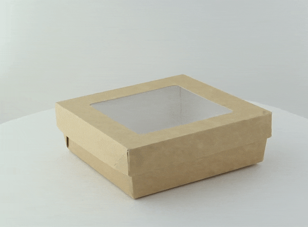 Boite "Kray" carrée carton brun avec couvercle à fenêtre  155x155mm H50mm 700ml - 100Pcs