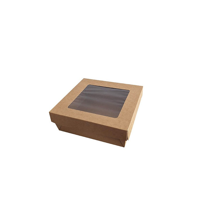Boite "Kray" carrée carton brun avec couvercle à fenêtre  155x155mm H50mm 700ml - 100Pcs