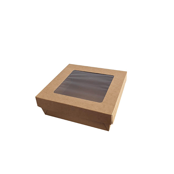 Boite "Kray" carrée carton brun avec couvercle à fenêtre  155x155mm H50mm 700ml - 100Pcs