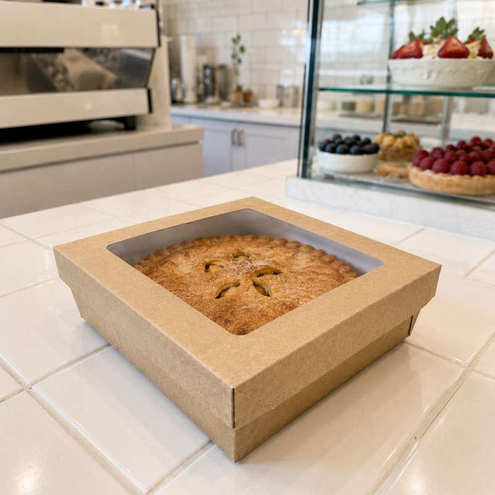 Boîte carrée "Kray" en carton brun à couvercle fenêtre 200x200mm H65mm - 100Pcs
