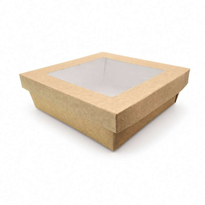Boîte carrée "Kray" en carton brun à couvercle fenêtre 200x200mm H65mm - 100Pcs