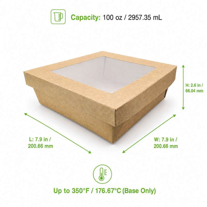 Boîte carrée "Kray" en carton brun à couvercle fenêtre 200x200mm H65mm - 100Pcs