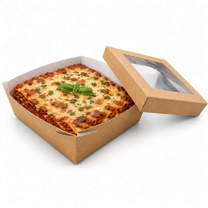 Boîte carrée "Kray" en carton brun à couvercle fenêtre 200x200mm H65mm - 100Pcs