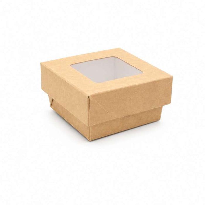 Boîte carrée "Kray" en carton brun avec couvercle fenêtre 85x85mm H40mm 200ml - 100Pcs