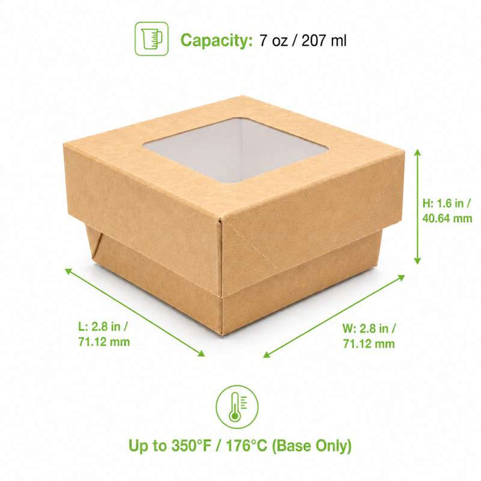 Boîte carrée "Kray" en carton brun avec couvercle fenêtre 85x85mm H40mm 200ml - 100Pcs