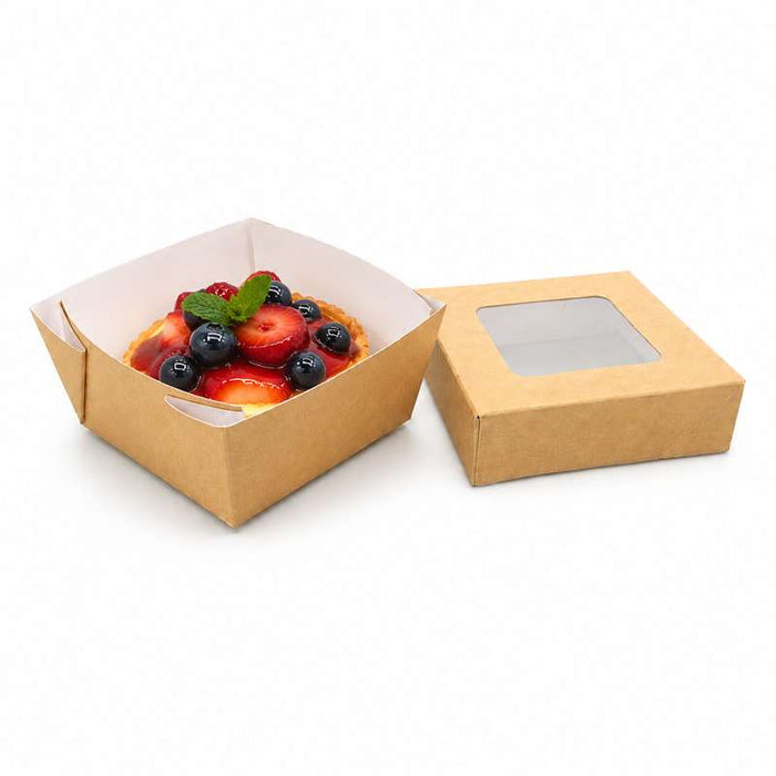 Boîte carrée "Kray" en carton brun avec couvercle fenêtre 85x85mm H40mm 200ml - 100Pcs