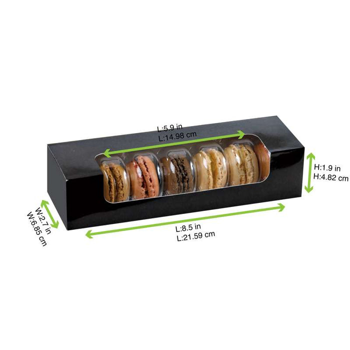 Boite carton rectangulaire noir 7 macarons avec fenêtre  215x68mm H48mm - 250Pcs