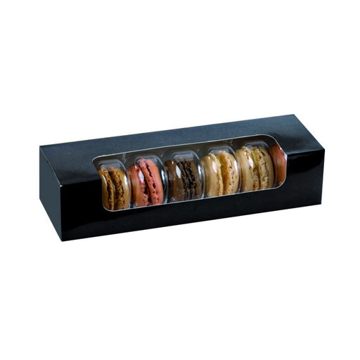 Boite carton rectangulaire noir 7 macarons avec fenêtre  215x68mm H48mm - 250Pcs