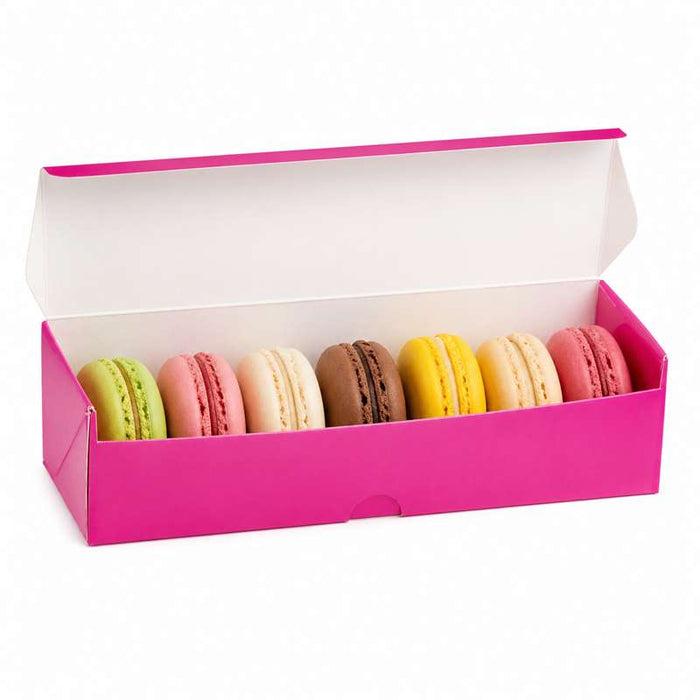 Boîte rose en carton pour 7 macarons sans fenêtre 215x70mm H50mm - 250Pcs