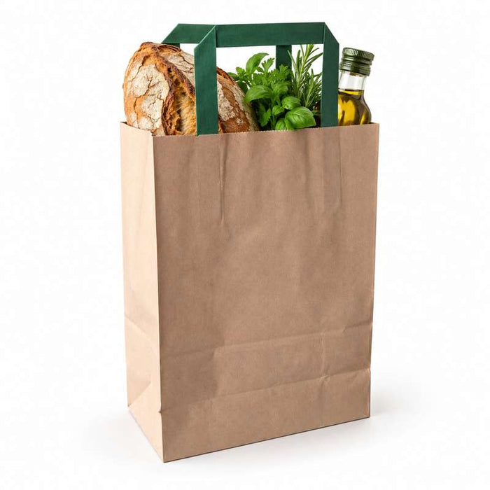 Sac cabas papier brun recyclé anses vertes  200x100mm H280mm-250Pcs