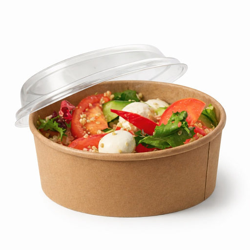 Saladier rond en carton kraft avec couvercle plastique PET "Buckaty"  H65mm 1200ml-200Pcs