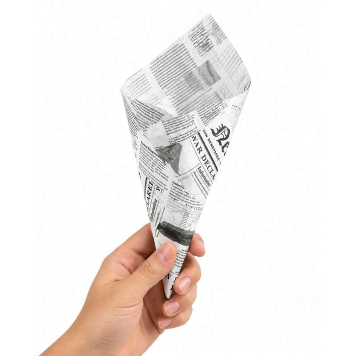 Cône papier ingraissable décor journal  250x180mm H180mm 360ml-5000Pcs