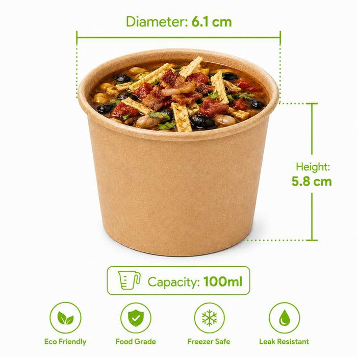 Pot à soupe et glace en carton kraft brun sans plastique, Waterbased  H58mm 100ml - 1000Pcs