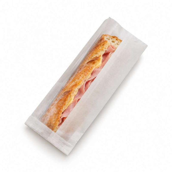 Sac sandwich blanc ingraissable en papier kraft à fenêtre cristal et 6 cm de soufflet 110x40mm H310mm-1000Pcs