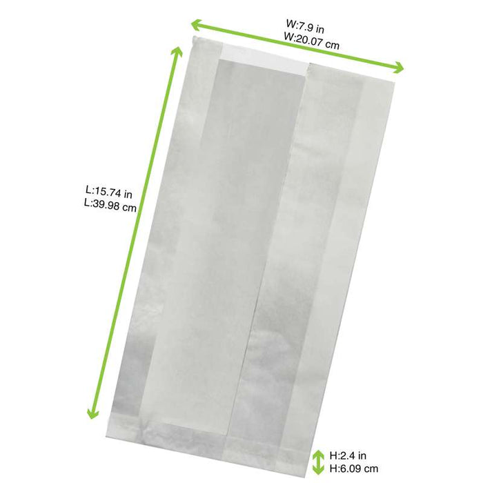 Sac sandwich blanc ingraissable en papier kraft à fenêtre cristal et 4 cm de soufflet 200x60mm H400mm-1000Pcs