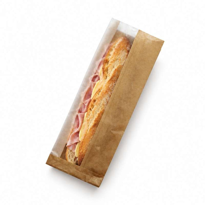 Sac sandwich brun en papier kraft à fenêtre cristal et 4 cm de soufflet 110x40mm H310mm-1000Pcs