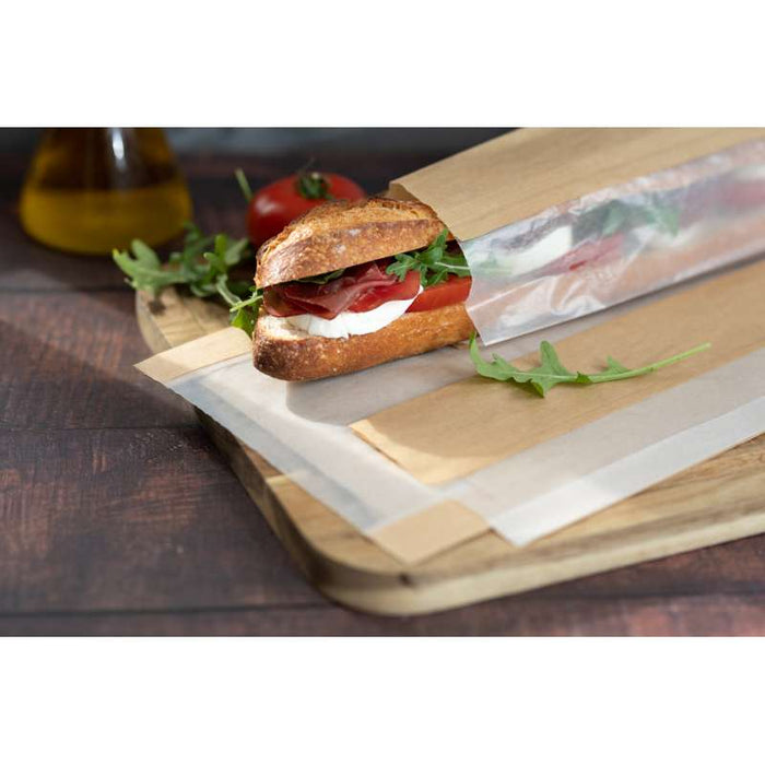 Sac sandwich brun en papier kraft à fenêtre cristal et 4 cm de soufflet 110x40mm H310mm-1000Pcs
