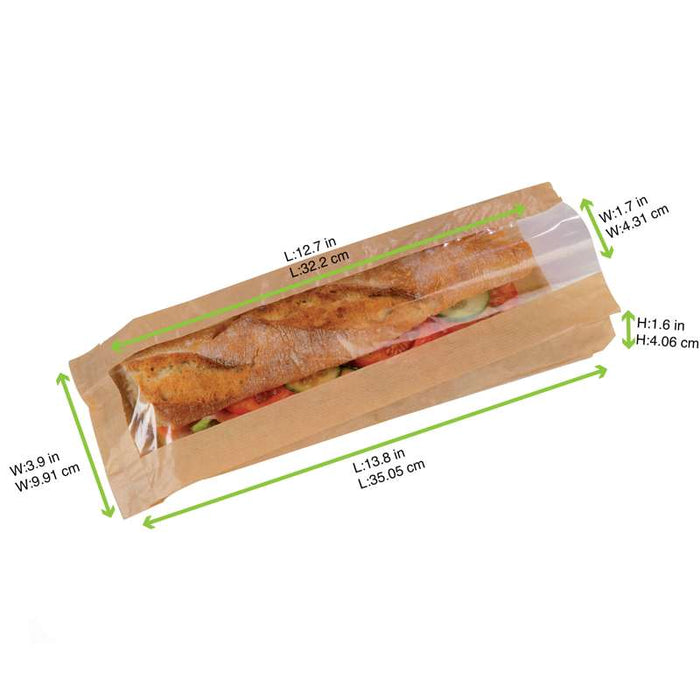Sac sandwich papier brun à fenêtre 120x40mm H340mm-1000Pcs