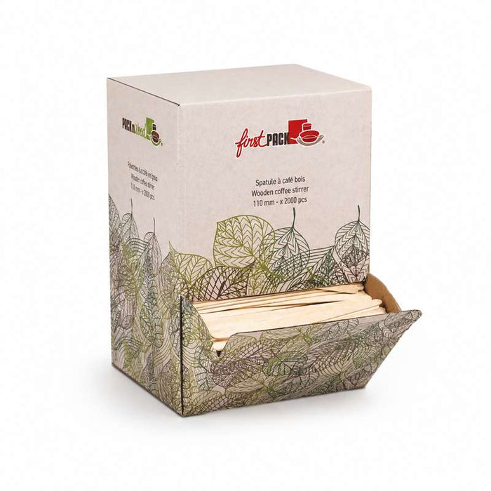 Spatule à café bois à bouts arrondis en boite distributrice  5 H110mm-10000Pcs