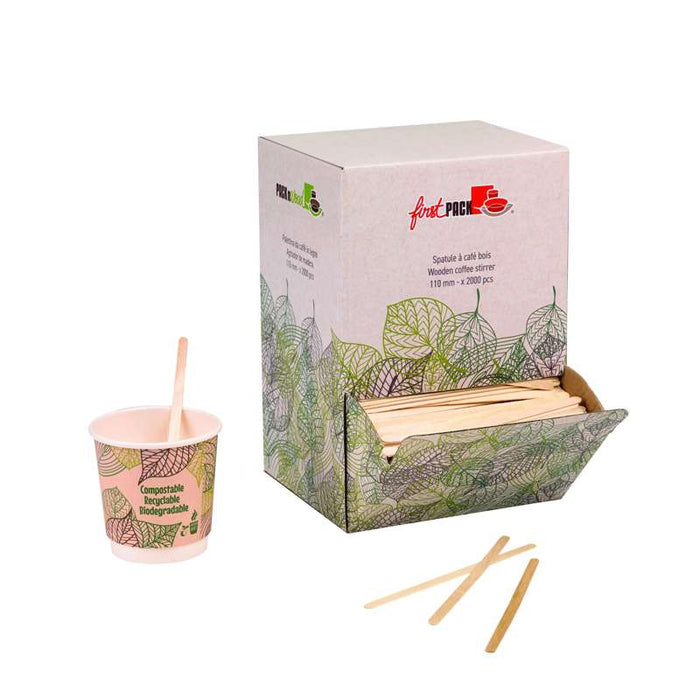 Spatule à café bois à bouts arrondis en boite distributrice  5 H110mm-10000Pcs