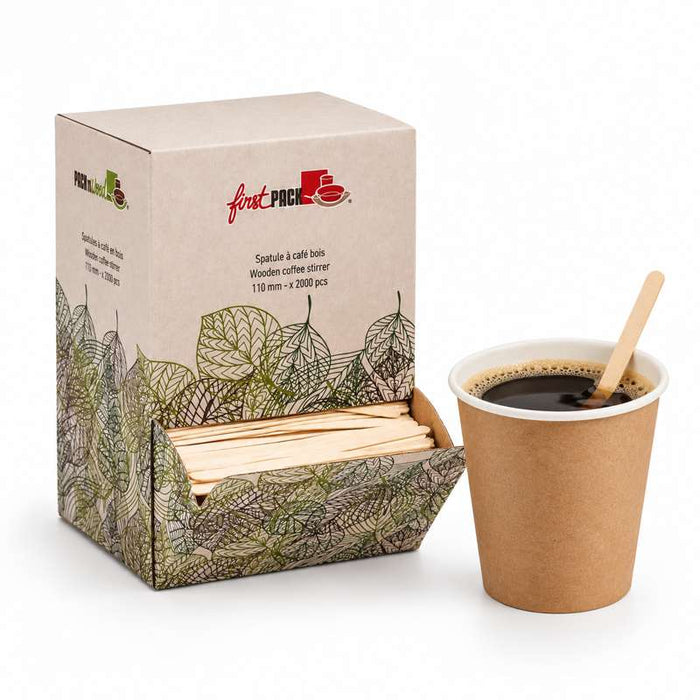 Spatule à café bois à bouts arrondis en boite distributrice  5 H110mm-10000Pcs
