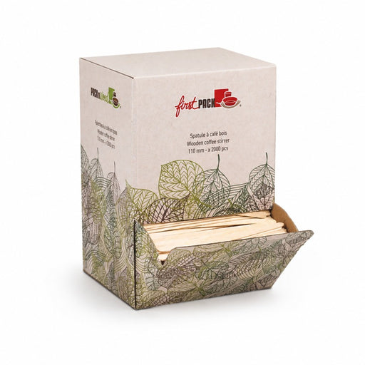 Spatule à café bois à bouts arrondis en boite distributrice  5 H110mm-10000Pcs