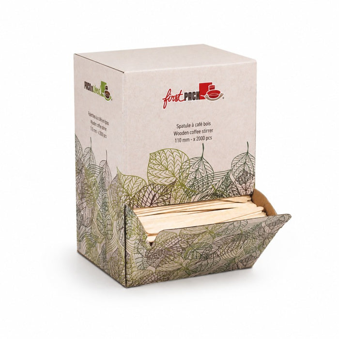 Spatule à café bois à bouts arrondis en boite distributrice  5 H110mm-10000Pcs