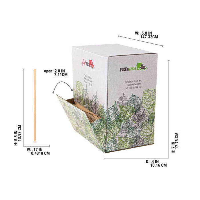 Spatule à café bois à bouts arrondis en boite distributrice  5 H140mm-10000Pcs