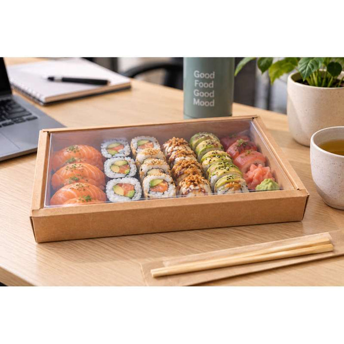 Combo boîte kraft sushi avec couvercle PET 310x215mm H35mm-50Pcs