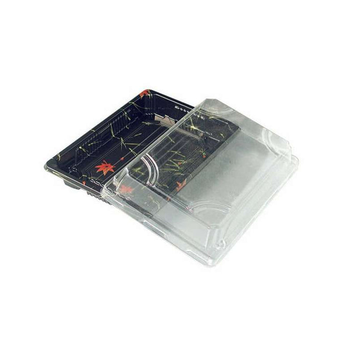 Plateau à sushi décoré en PS avec couvercle transparent 165x114mm H37mm - 200Pcs