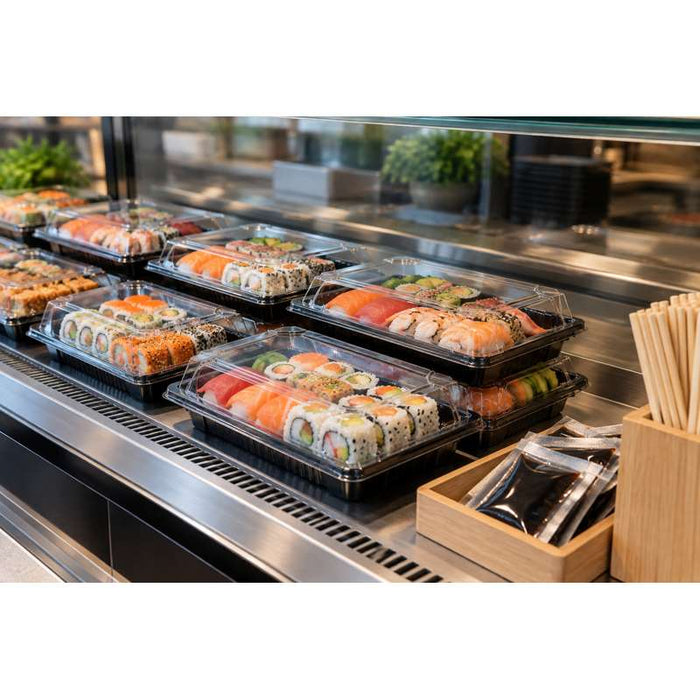 Barquette sushi plastique PS noir avec couvercle PET transparent Suky  170x120mm H40mm-200Pcs