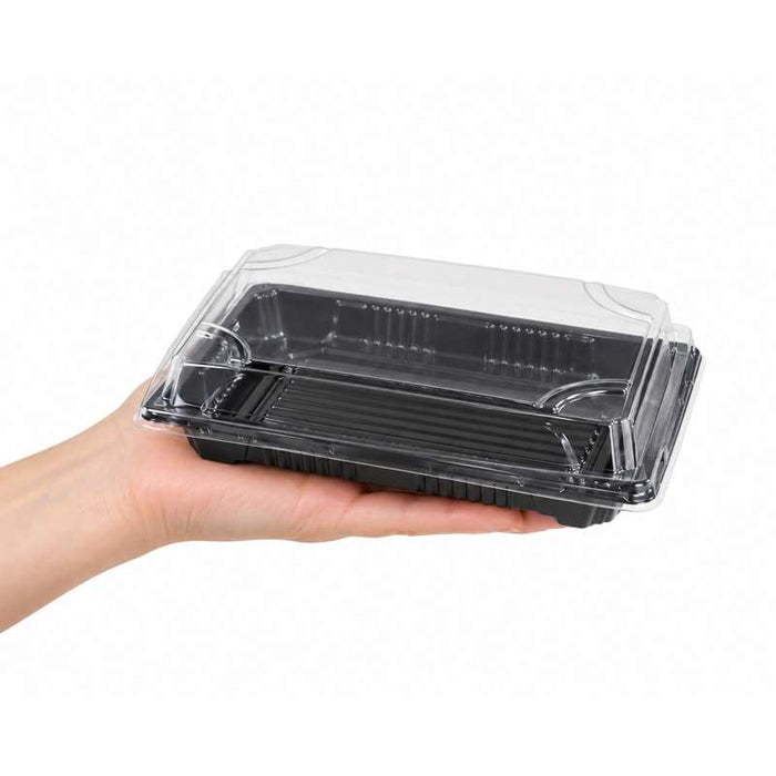 Barquette sushi plastique PS noir avec couvercle PET transparent Suky  170x120mm H40mm-200Pcs