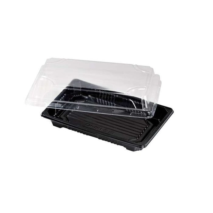 Barquette sushi plastique PS noir avec couvercle PET transparent Suky  170x120mm H40mm-200Pcs