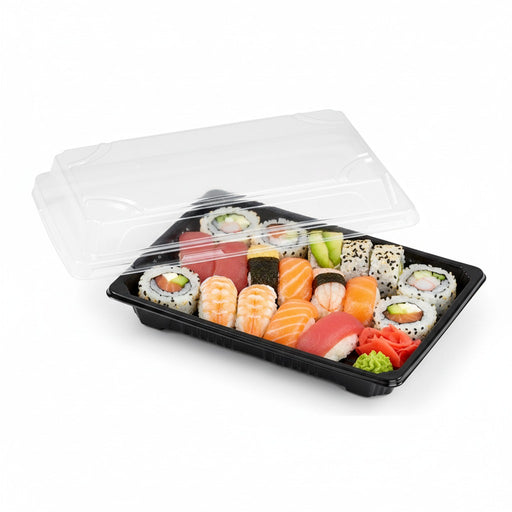 Barquette sushi plastique PS noir avec couvercle PET transparent Suky  170x120mm H40mm-200Pcs