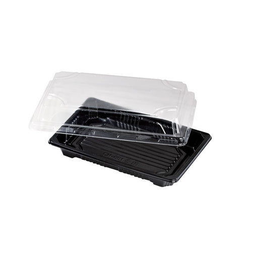 Barquette sushi plastique PS noir avec couvercle PET transparent Suky  170x120mm H40mm-200Pcs