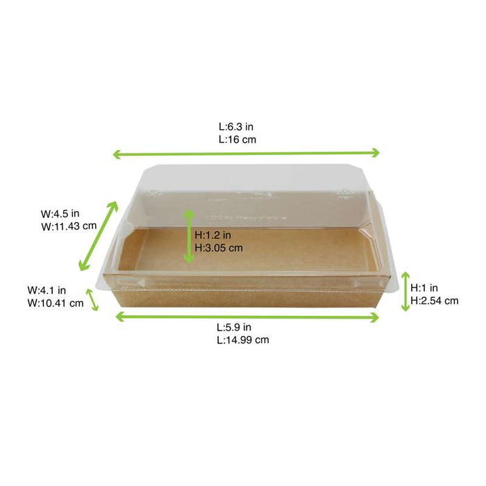 Barquette sushi en carton kraft brun avec couvercle transparent en plastique PET  153x102mm H25mm-300Pcs